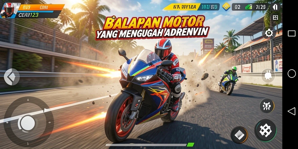 Screenshot gameplay CERI123 menunjukkan balapan motor yang seru dan cepat.