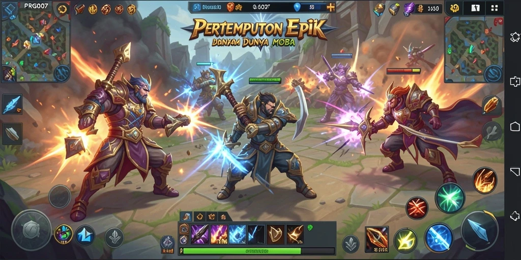 Tangkapan layar gameplay PRG007 yang menunjukkan aksi pertempuran seru dalam MOBA.